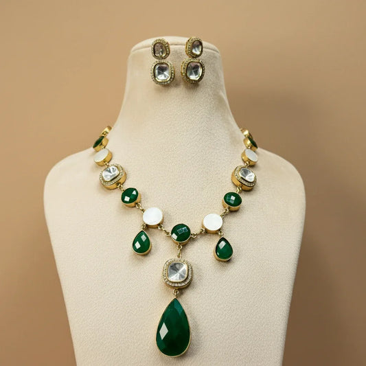 Emerald Green Stone & Kundan Necklace & Earrings Set