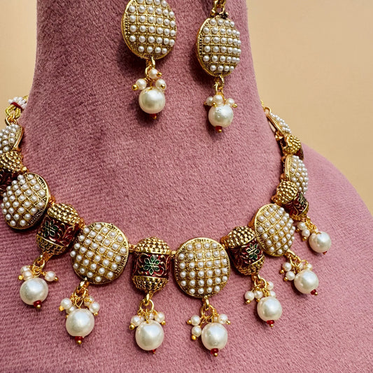 Pearl Dome Meenakari Necklace & Earrings Set