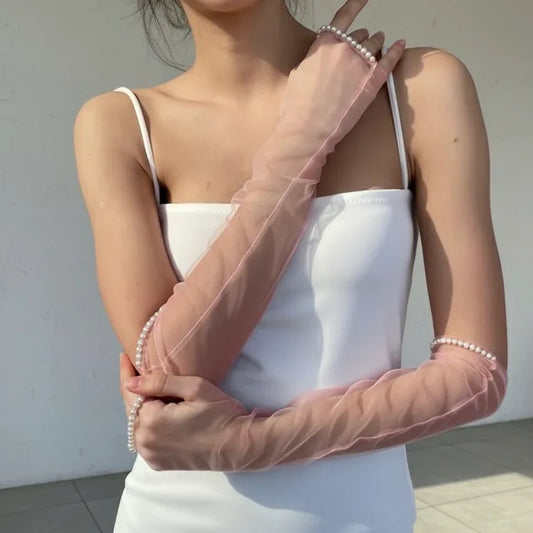 Pink Sheer Pearl Trim Gloves – Fingerless Opera Style