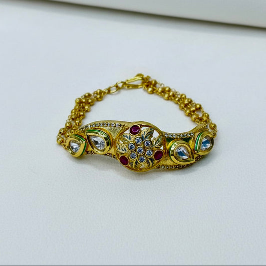 Gold-Plated Kundan Adjustable Bracelet with Ruby & White Stones