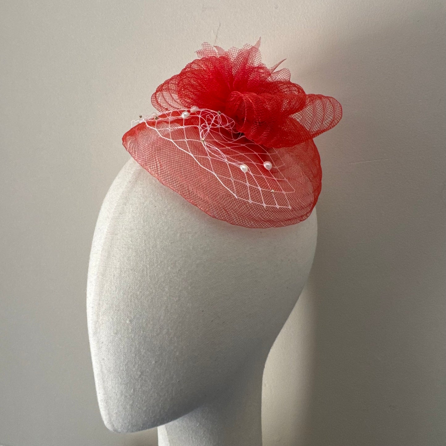 Red Elegant Fascinator with Pearl Birdcage Veil Headpiece