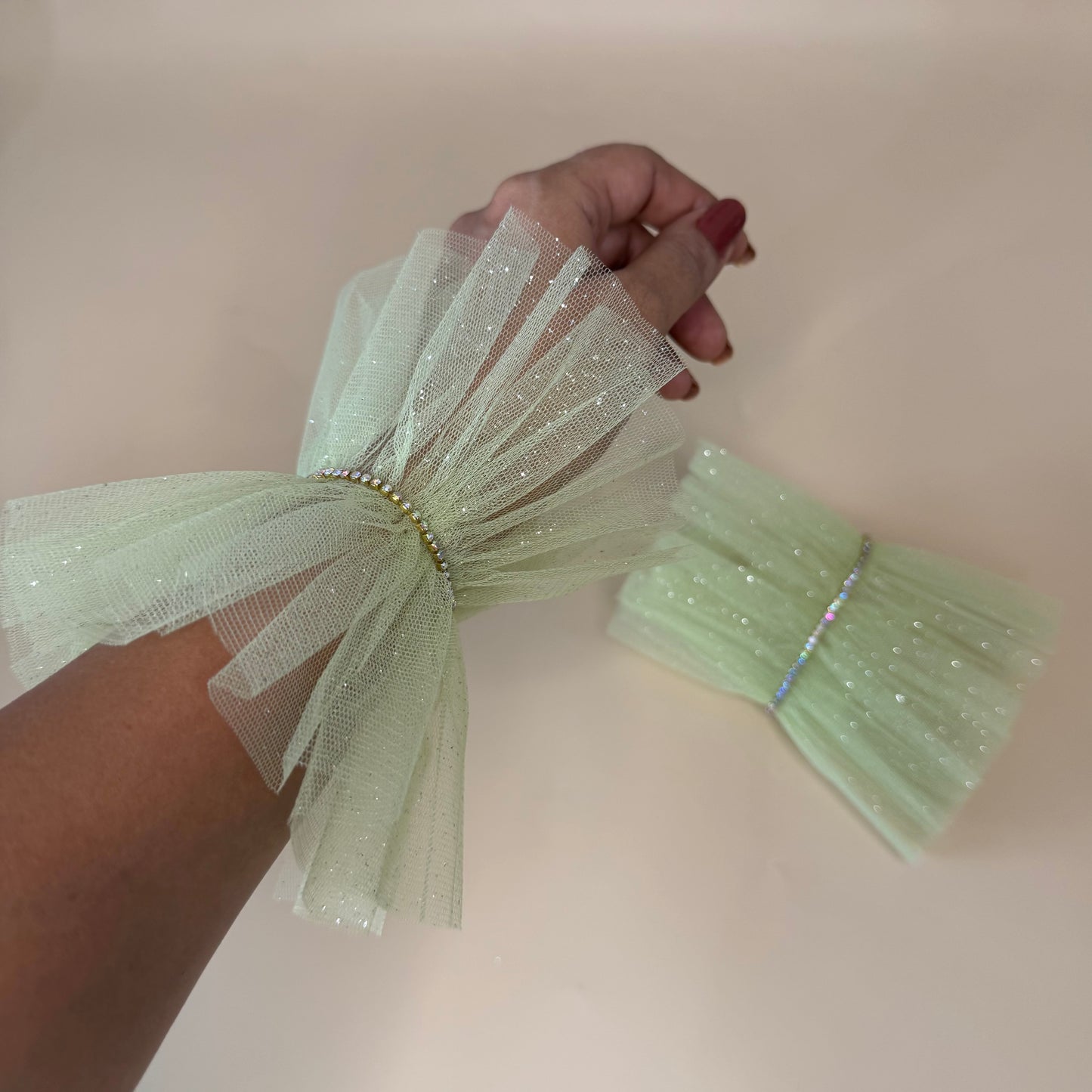 Pastel Green Ruffle Bracelet Cuff Gloves with Rhinestone Detailing