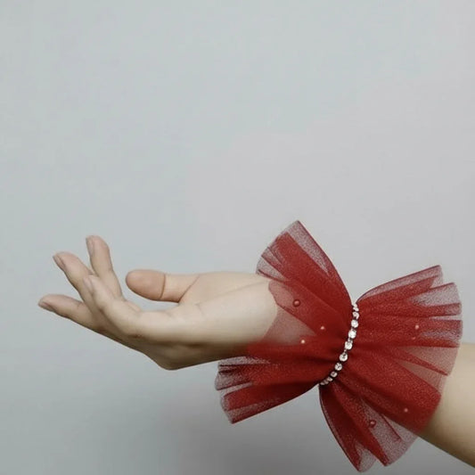 Ruffled Charm Tulle Red Cuff Gloves