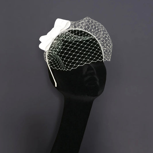 White Luxe Bridal Bow Birdcage Veil Fascinator Hairband | Couture headpiece