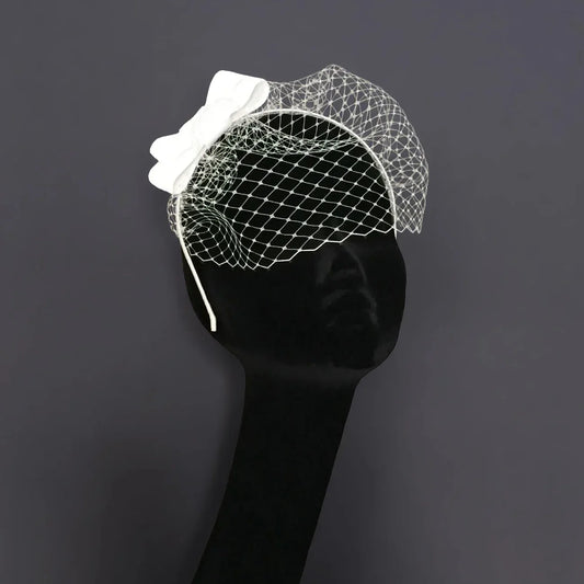 White Luxe Bridal Bow Birdcage Veil Fascinator Hairband | Couture headpiece
