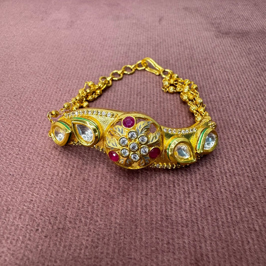 Gold-Plated Kundan Adjustable Bracelet with Ruby & White Stones