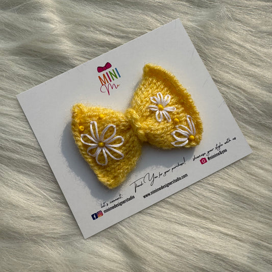 Yellow Knit Bow with Daisy Embroidery | Baby Headband