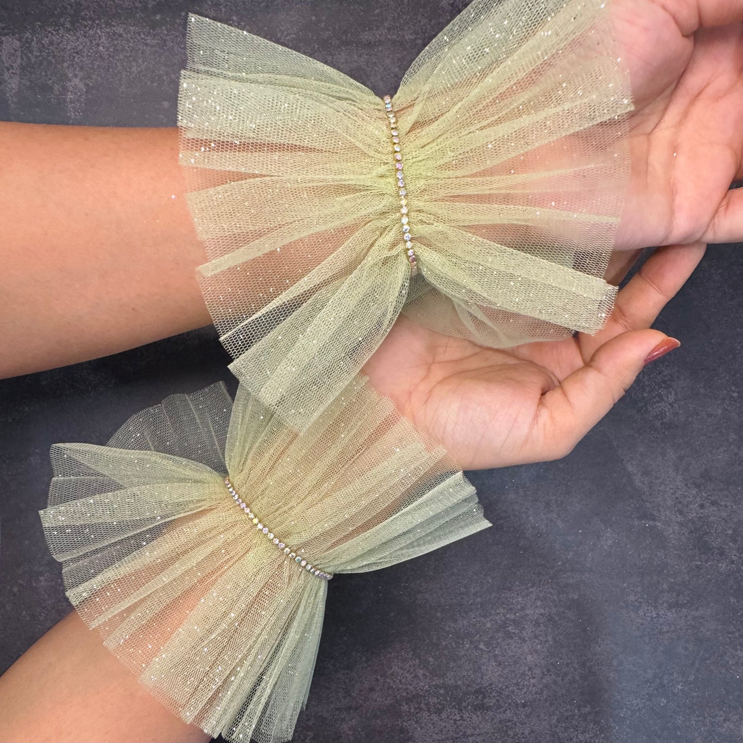 Pastel Green Ruffle Bracelet Cuff Gloves with Rhinestone Detailing