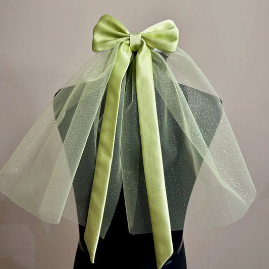 Hazy Morning Pastel Green Satin Bow with Sparkle Veil