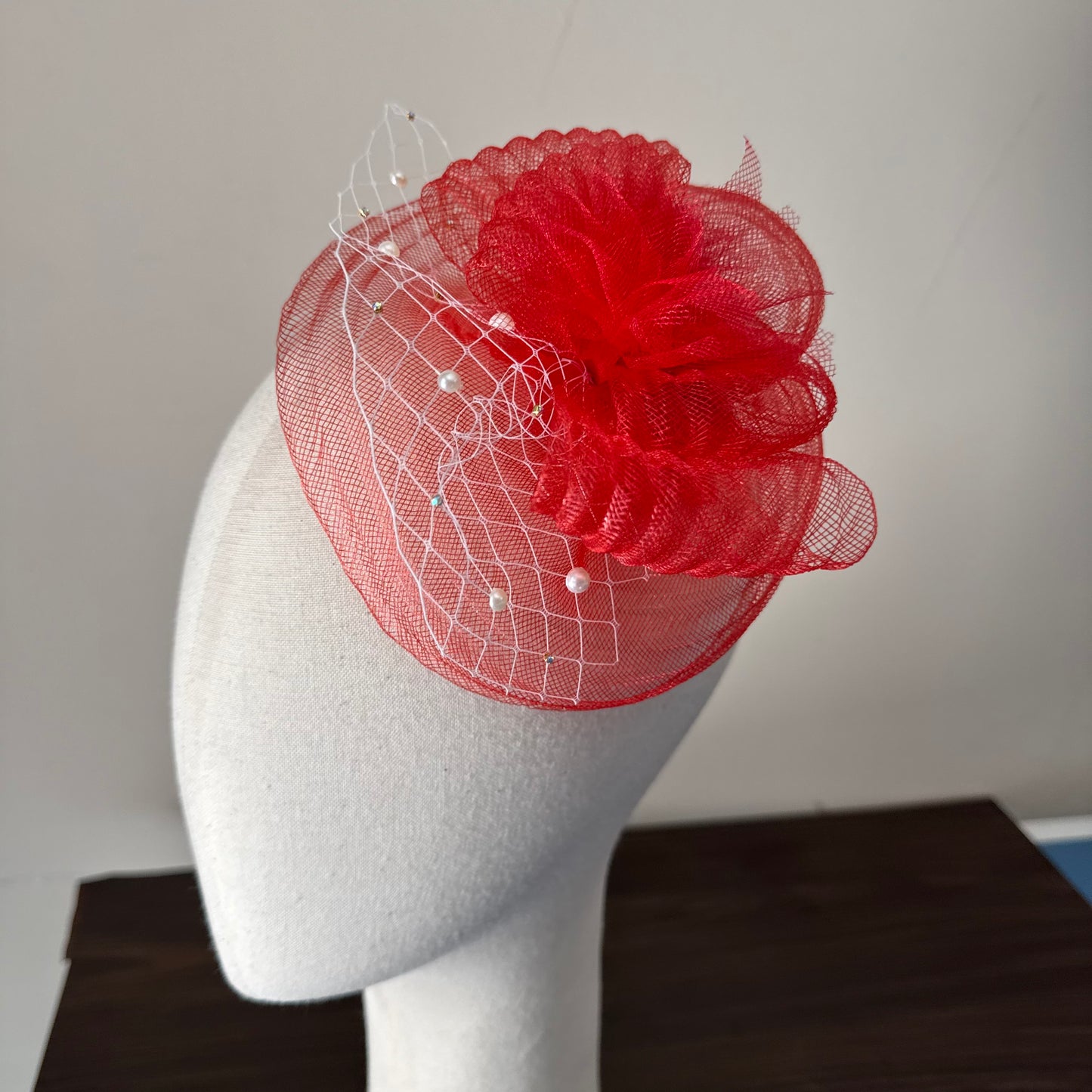 Red Elegant Fascinator with Pearl Birdcage Veil Headpiece