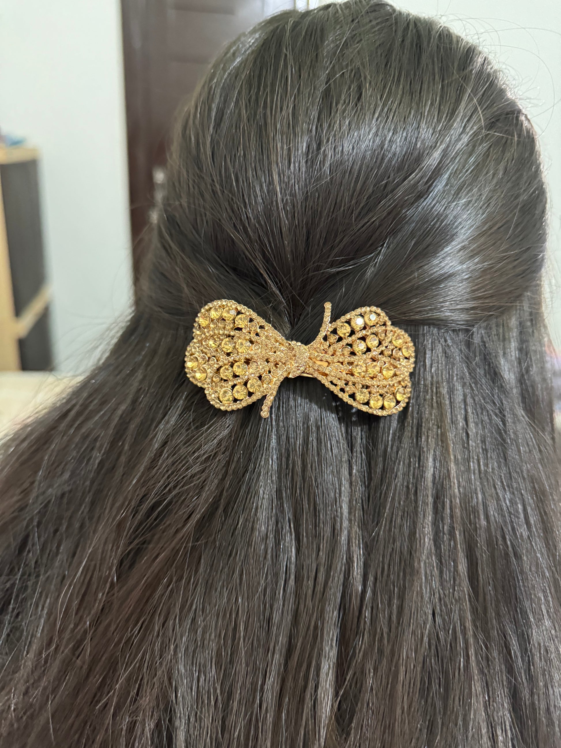 Golden Glam Crystal Bow Barrette Clip
