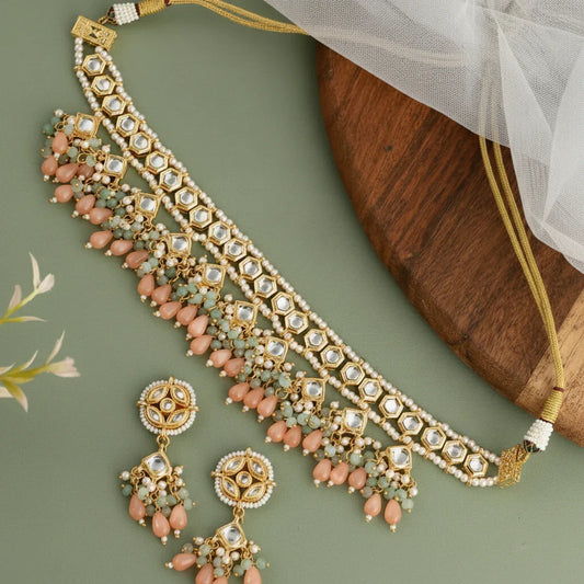 Peach & Green Beaded Gold-Plated Kundan Choker Necklace Set
