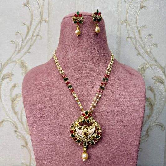Regal Crescent Kundan Necklace Set – Ruby & Green