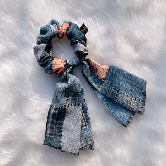 Short Tail Denim Blue Printed Scrunchie