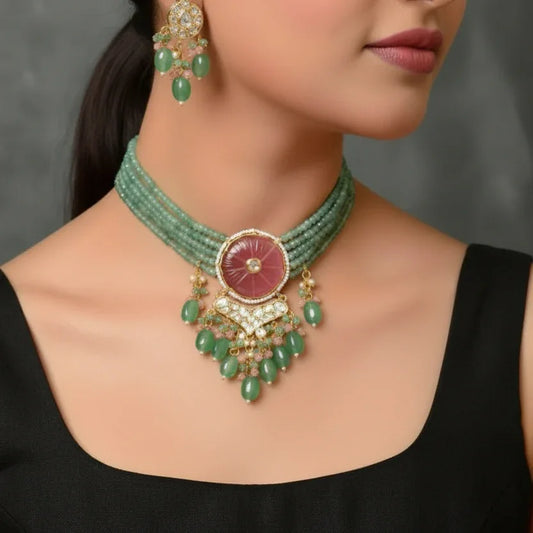 Green Beaded Gold-Plated Kundan Choker Necklace Set with Pink Centerpiece
