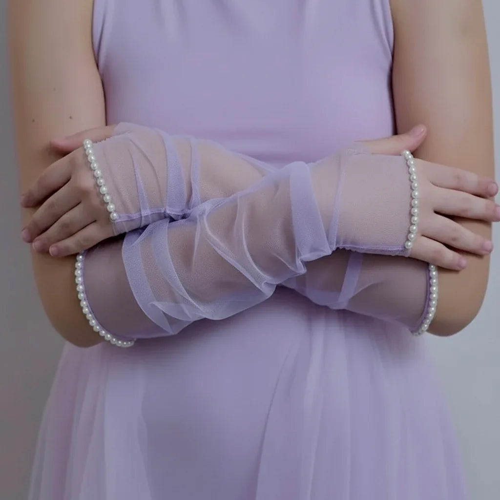 Lilac Sheer Pearl Trim Gloves – Fingerless Opera Style