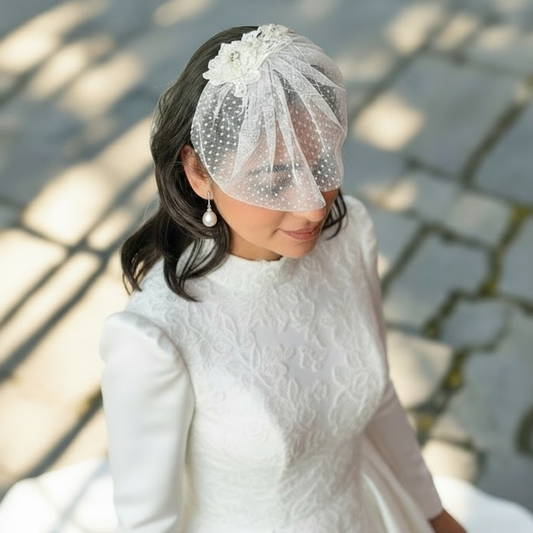 Bridal White Short Veil for a summer photoshoot