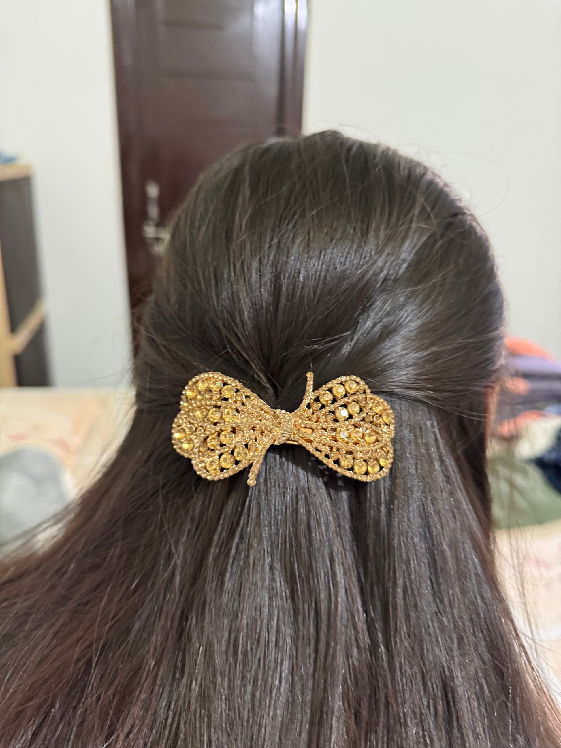 Golden Glam Crystal Bow Barrette Clip