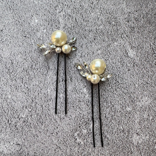 Elegant White Pearl & Crystal Hair Pins – Set of 2
