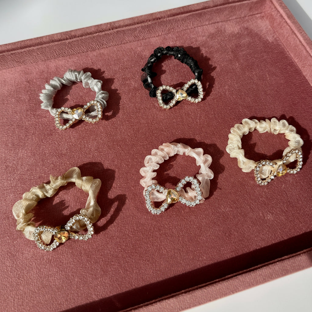 Crystal Bow Scrunchie Set – Pack of 5 Luxe Colors