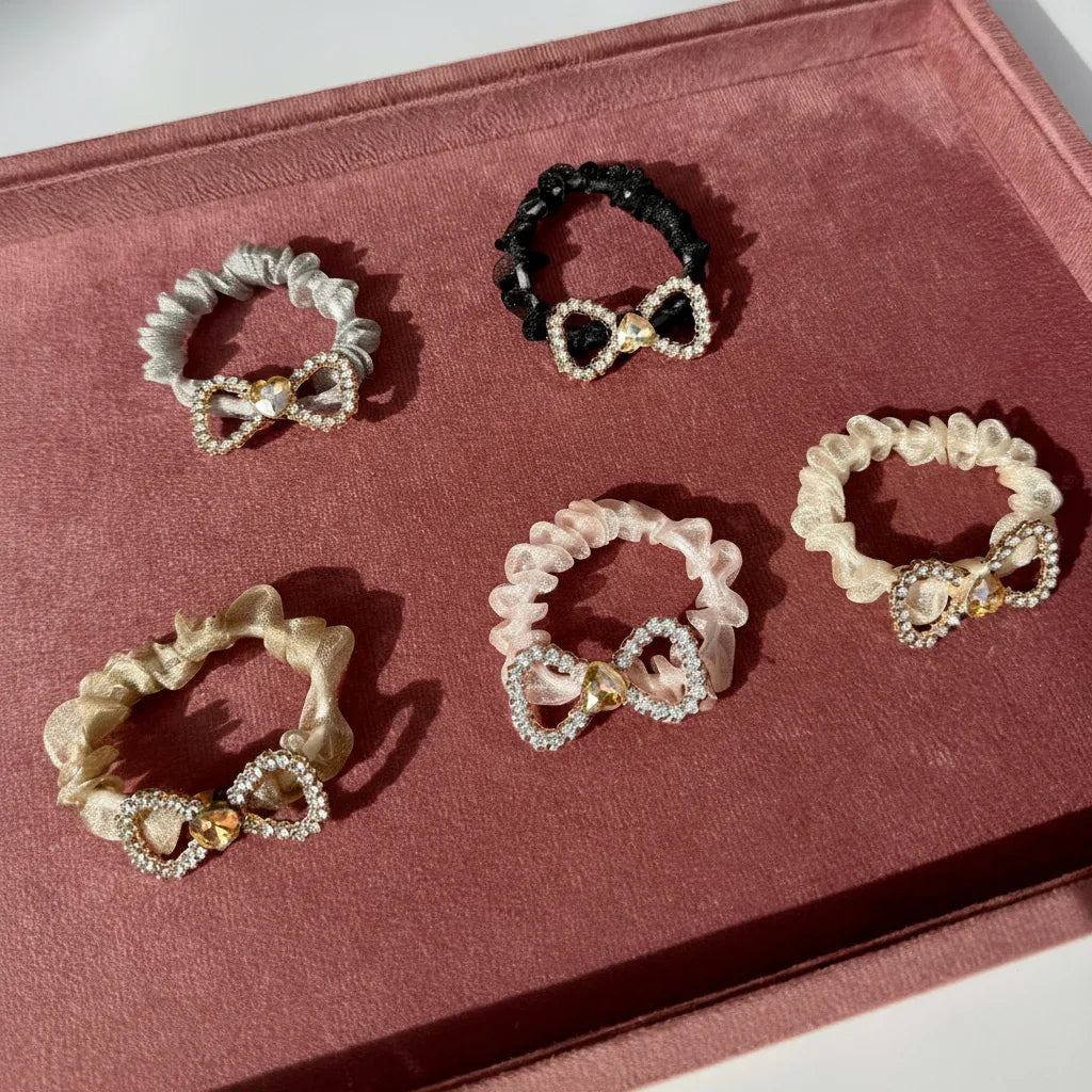 Crystal Bow Scrunchie Set – Pack of 5 Luxe Colors