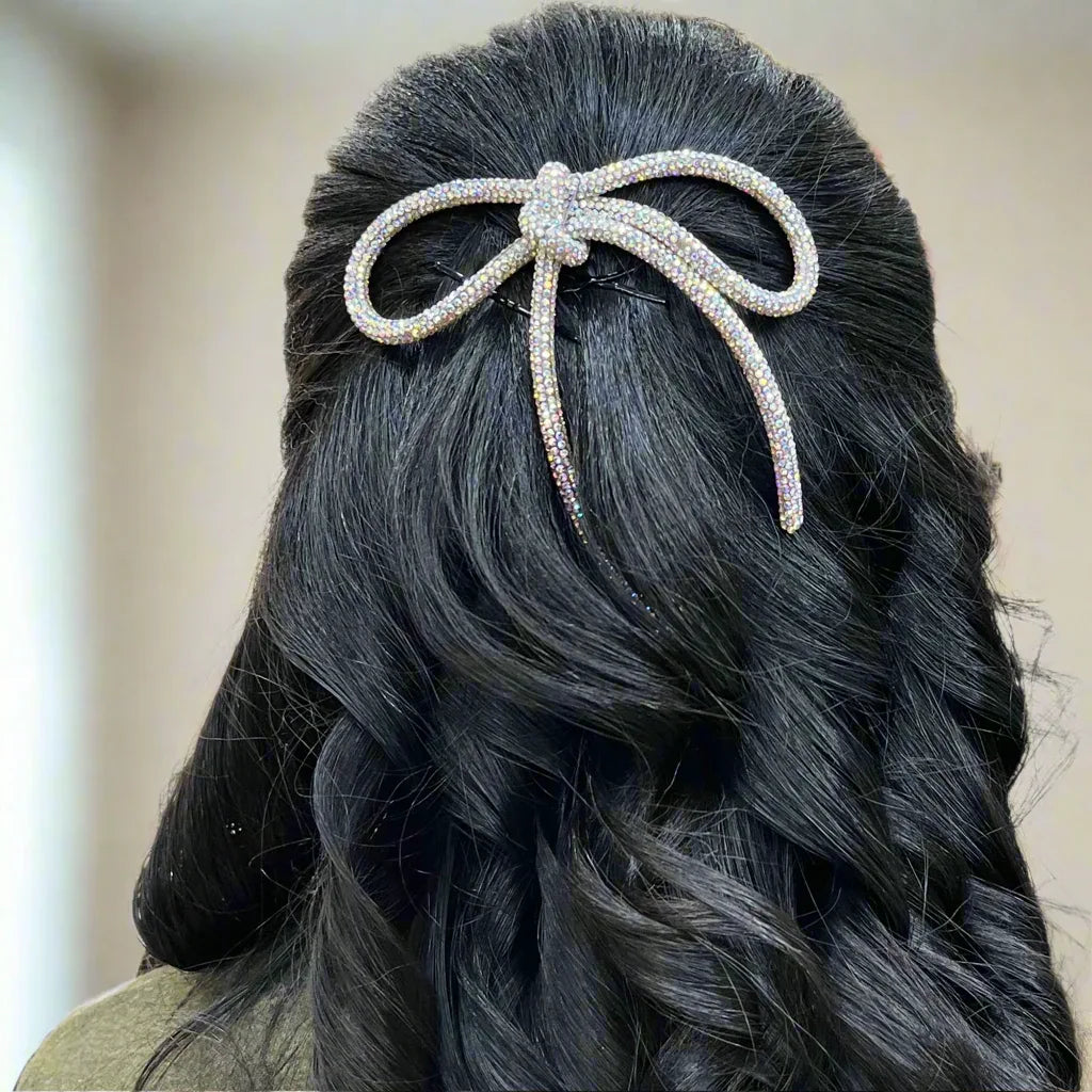 Crystal Blossom Silver Hair Bow Clip