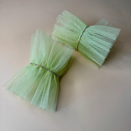 Pastel Green Ruffle Bracelet Cuff Gloves with Rhinestone Detailing