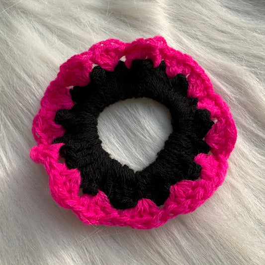 Pink & Black Knitted & Plush Crochet Hair Tie Scrunchie