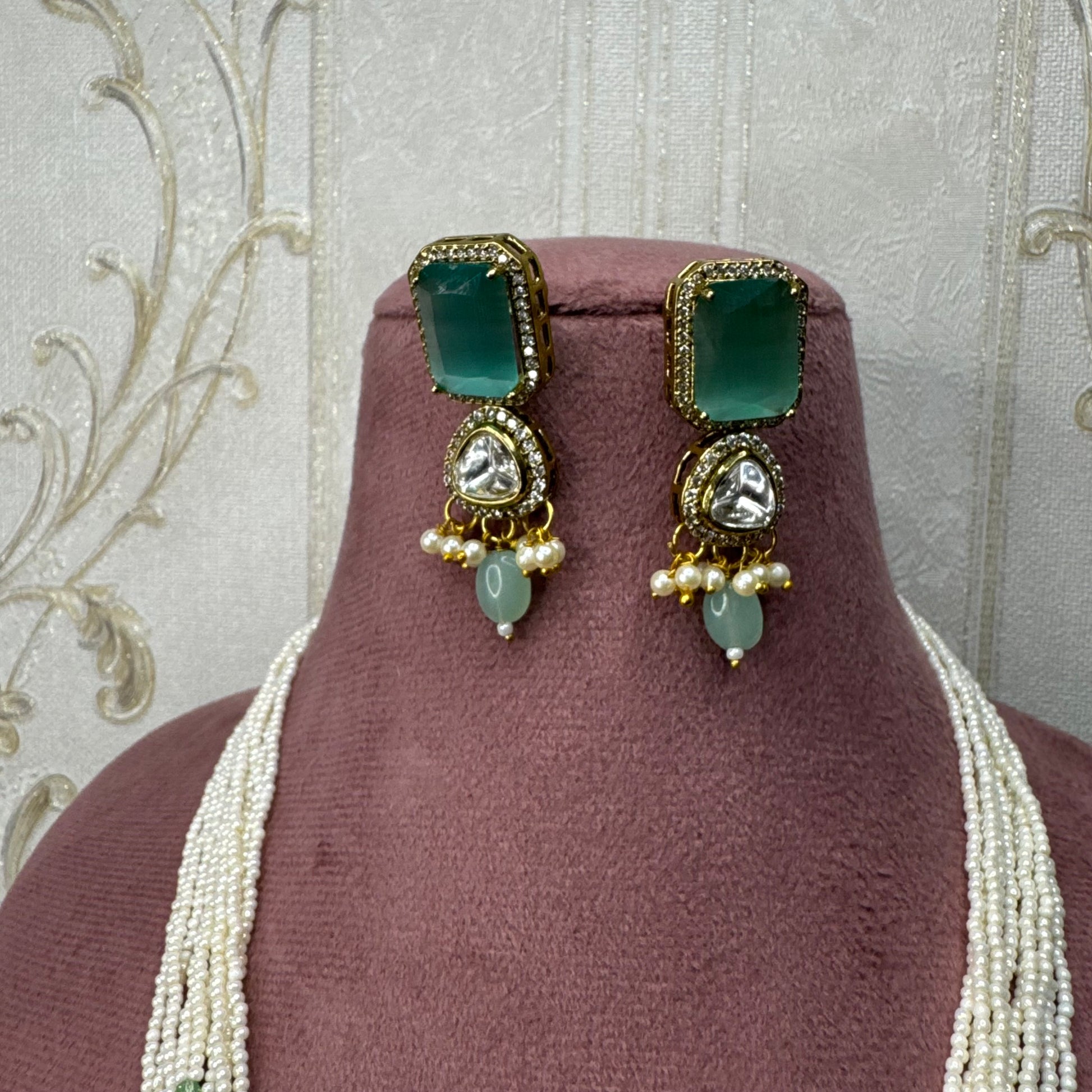 Pearl & Kundan Rani Haar with Matching Earrings – Green Stone Detailing