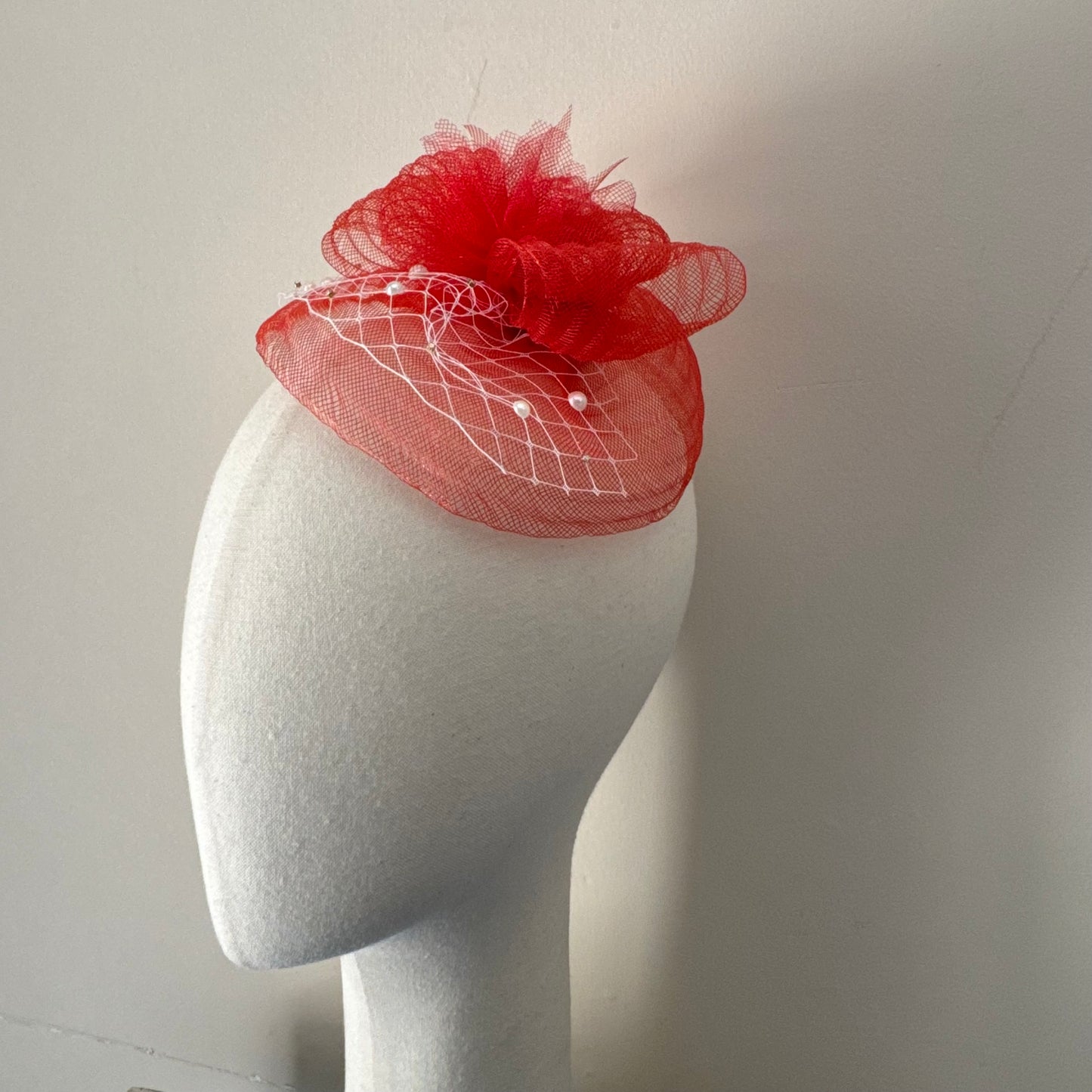 Wedding Red Elegant Fascinator with Pearl Birdcage Veil Headpiece
