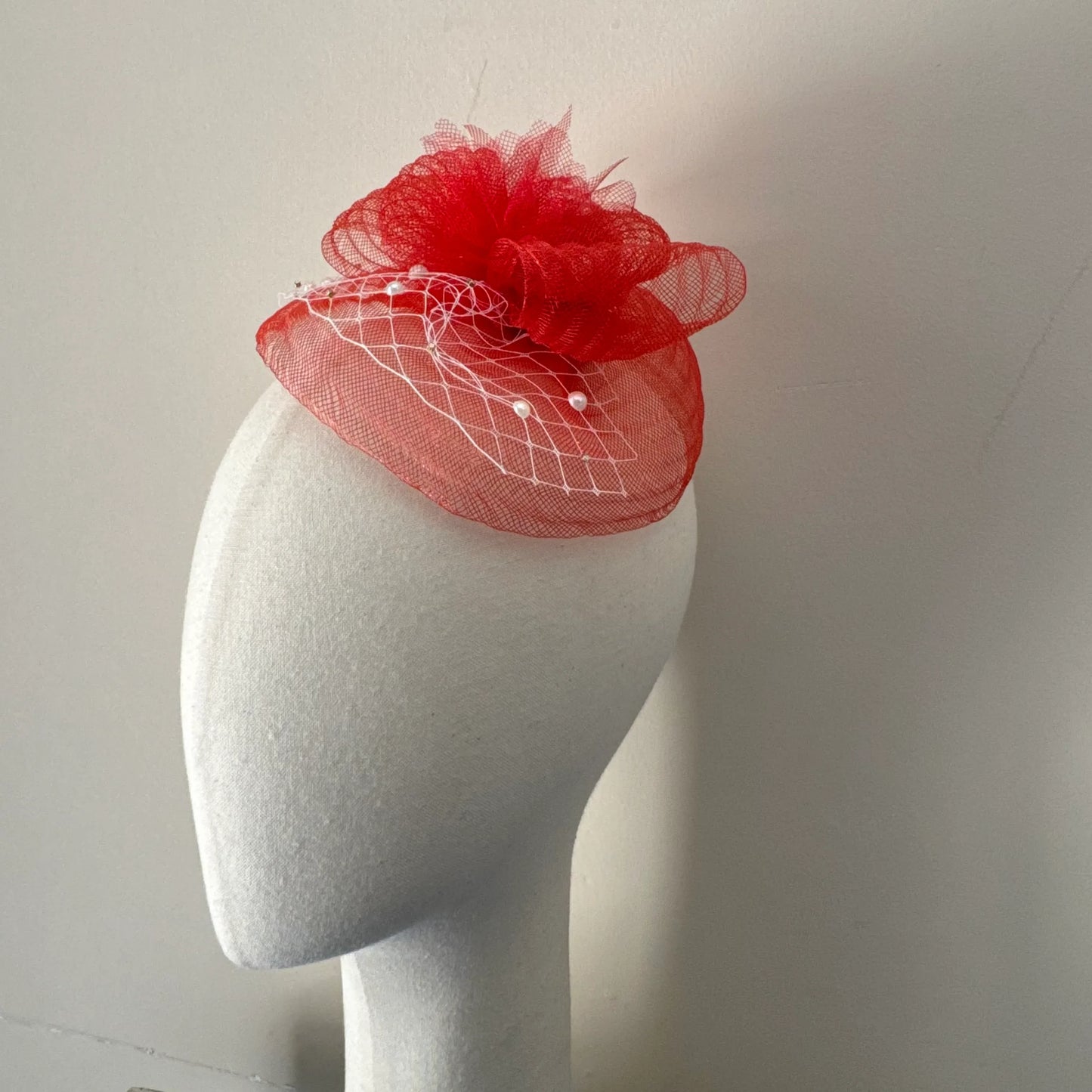 Wedding Red Elegant Fascinator with Pearl Birdcage Veil Headpiece