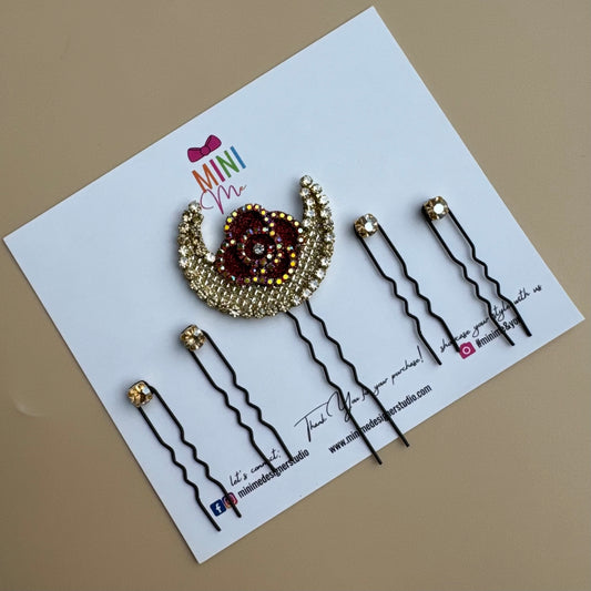 Red Rose Crescent Moon Bun Pin Set with Scattered Stones – Bridal Hair Jewelry