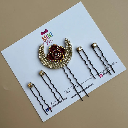 Red Rose Crescent Moon Bun Pin Set with Scattered Stones – Bridal Hair Jewelry