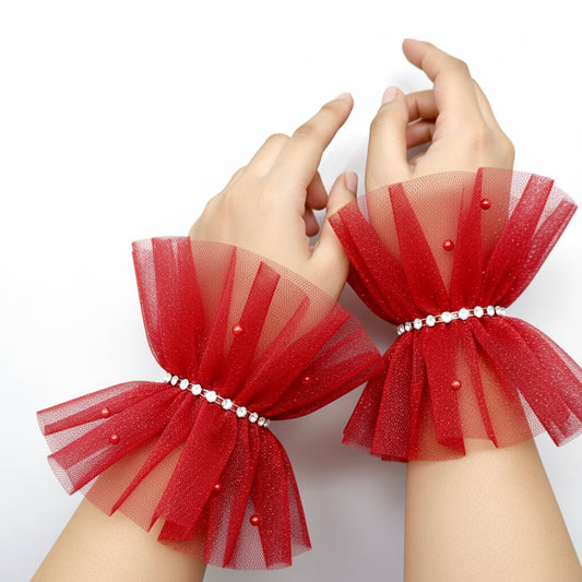 Ruffled Charm Tulle Red Cuff Gloves
