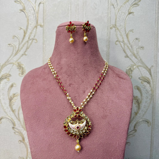 Regal Crescent Kundan Necklace Set with Ivory & Pink Enamel | Festive Jewelry on Sale