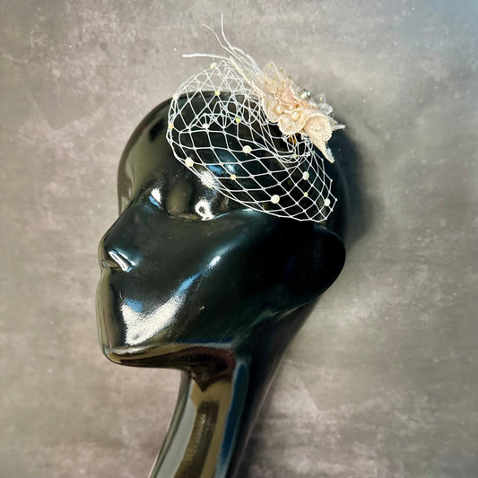 Blush Pink Veil Fascinator with Floral Lace and Pearls