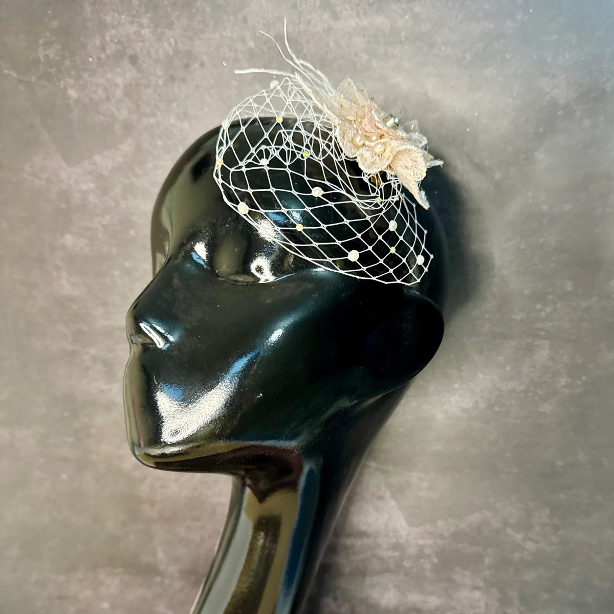 Blush Pink Veil Fascinator with Floral Lace and Pearls