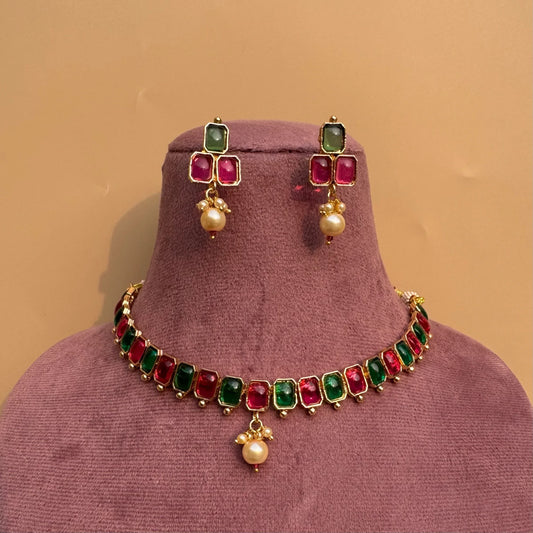 Ruby Green Polki Kundan Choker Necklace & Earring Set