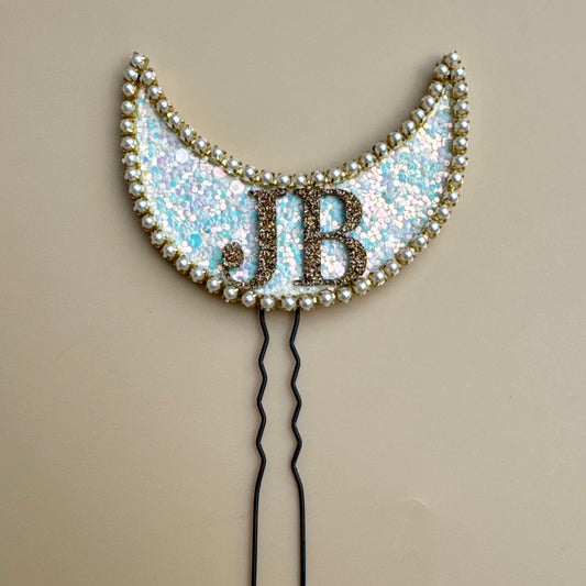 Pearl-Edged Crescent Moon Hair Pin (with Couple Initials)