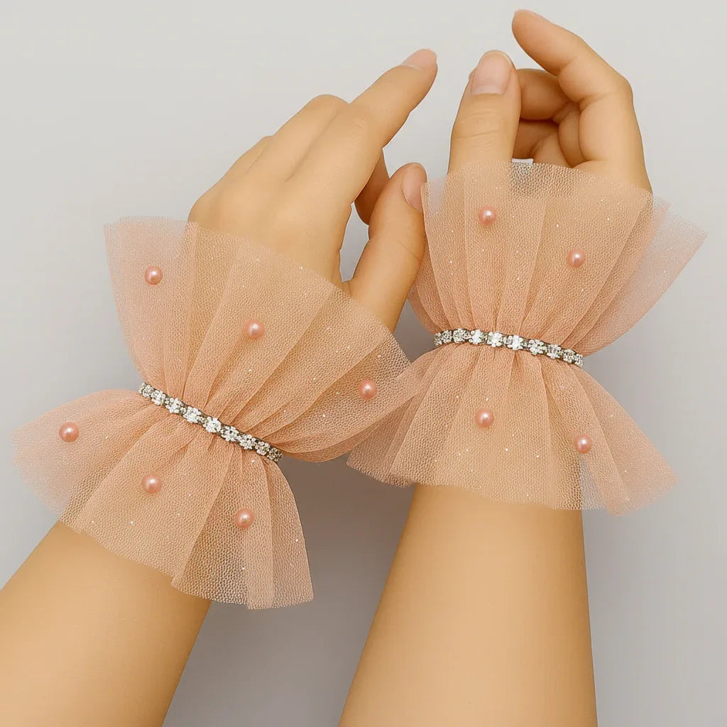 Ruffled Charm Tulle Peach Cuff Gloves