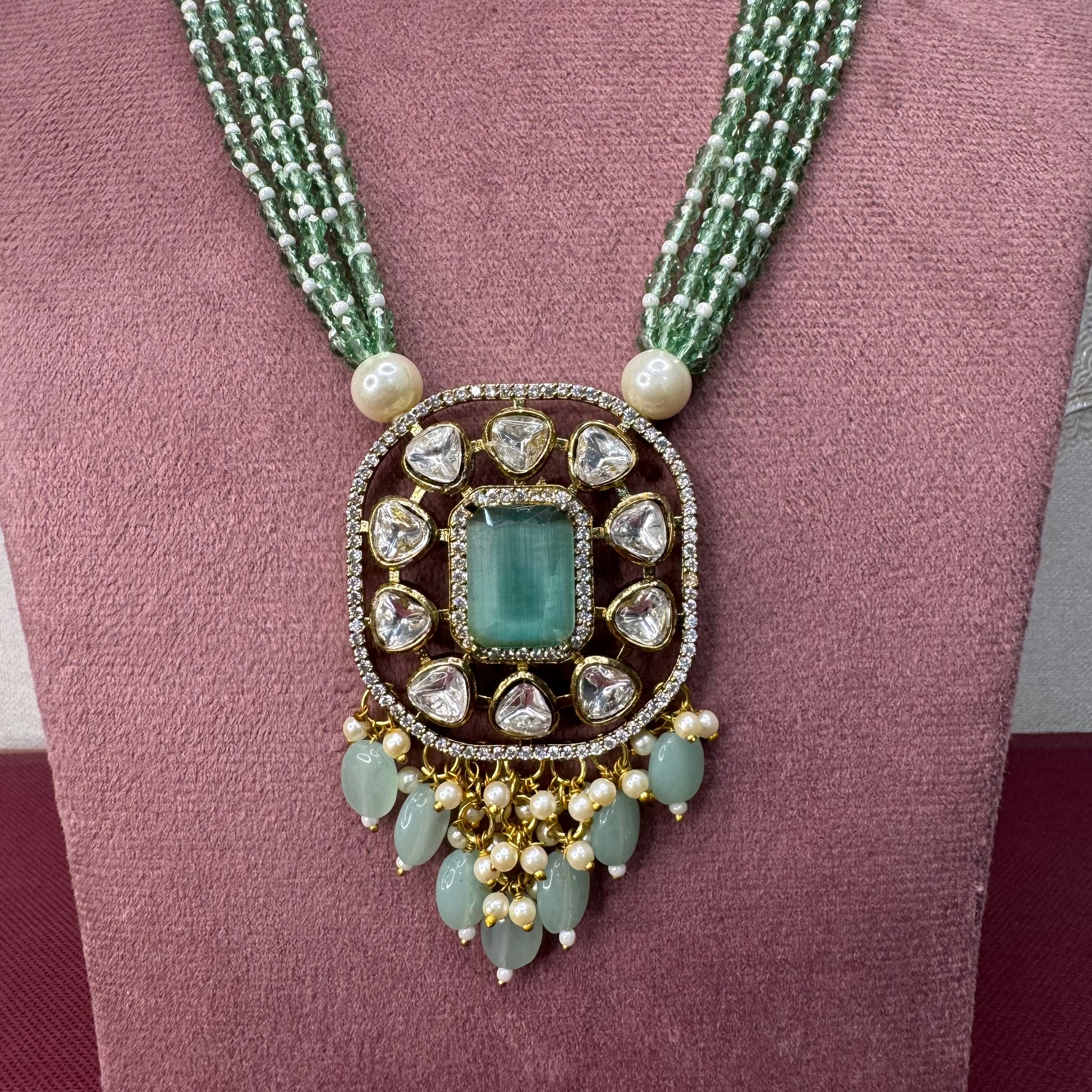 Pearl & Kundan Rani Haar with Matching Earrings – Green Stone Detailing