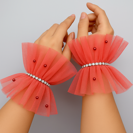 Ruffled Charm Tulle Coral Pink Cuff Gloves