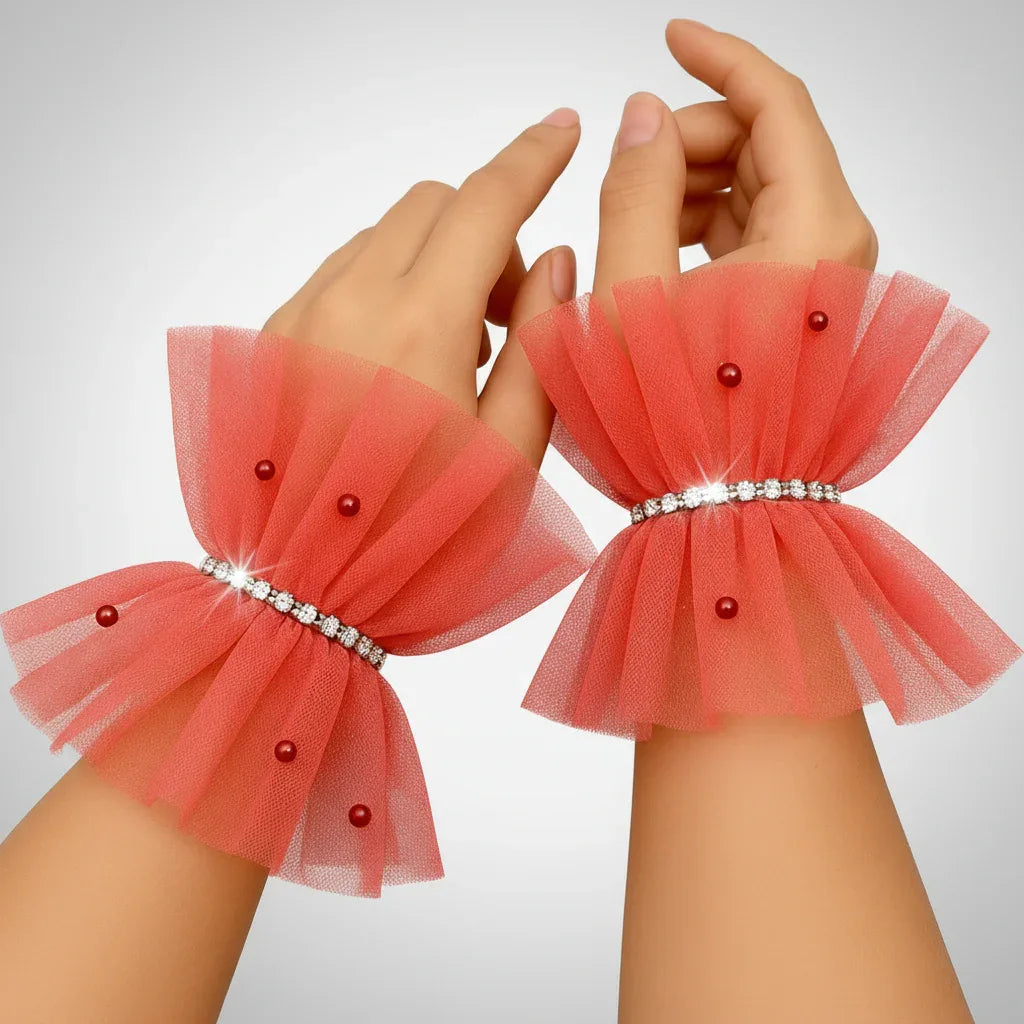 Ruffled Charm Tulle Coral Pink Cuff Gloves