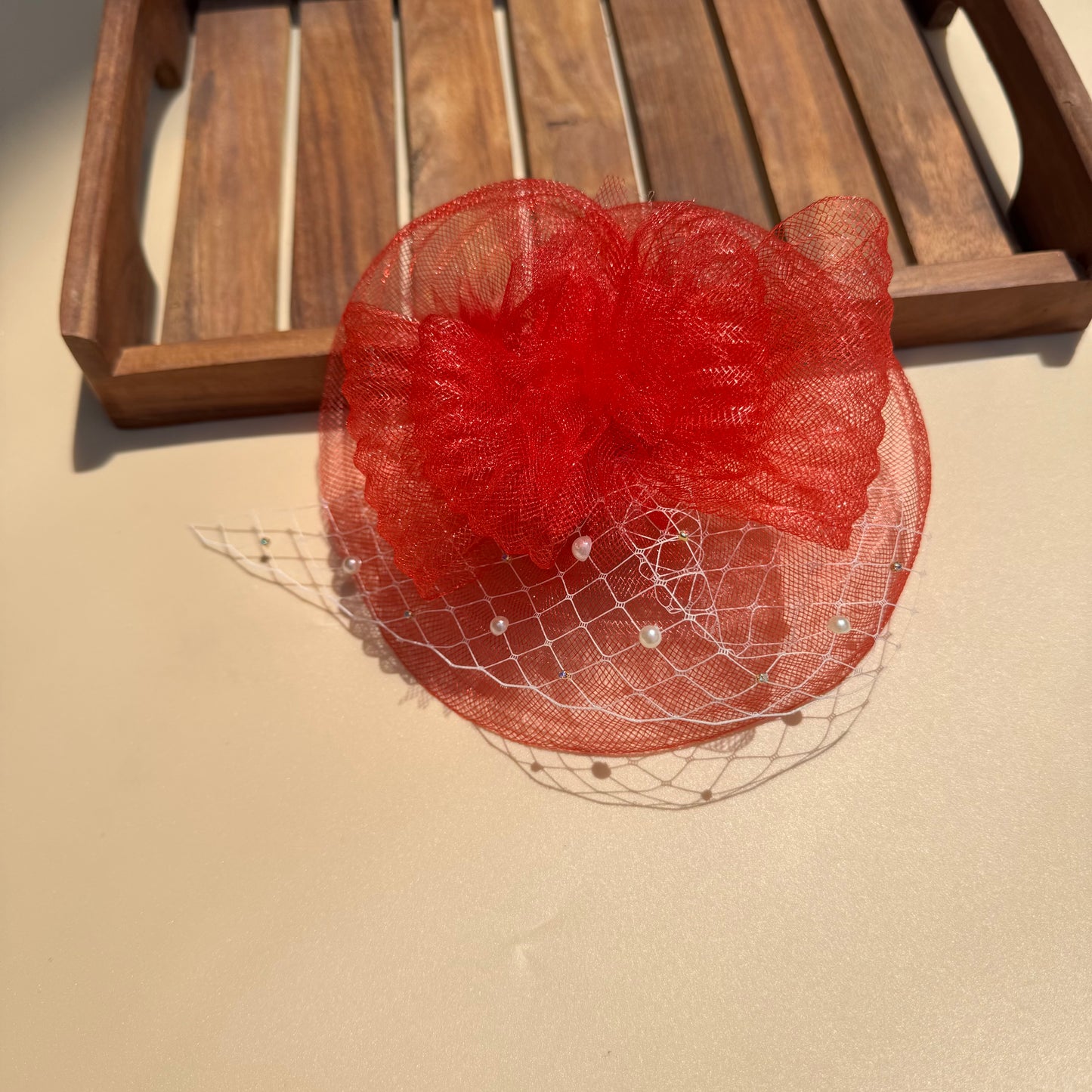 Red Elegant Fascinator with Pearl Veil Hair Clip