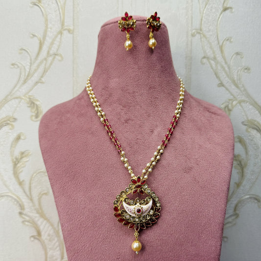 Regal Crescent Kundan Necklace Set with Ivory & Pink Enamel | Festive Jewelry on Sale