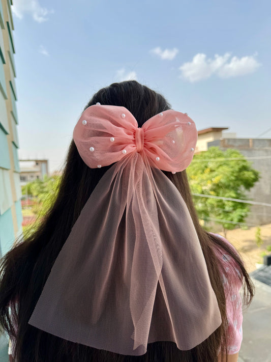 Blush Tulle Pearl Big Bow Hair Clip