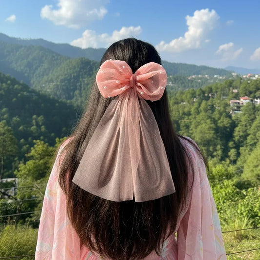 Blush Tulle Pearl Big Bow Hair Clip