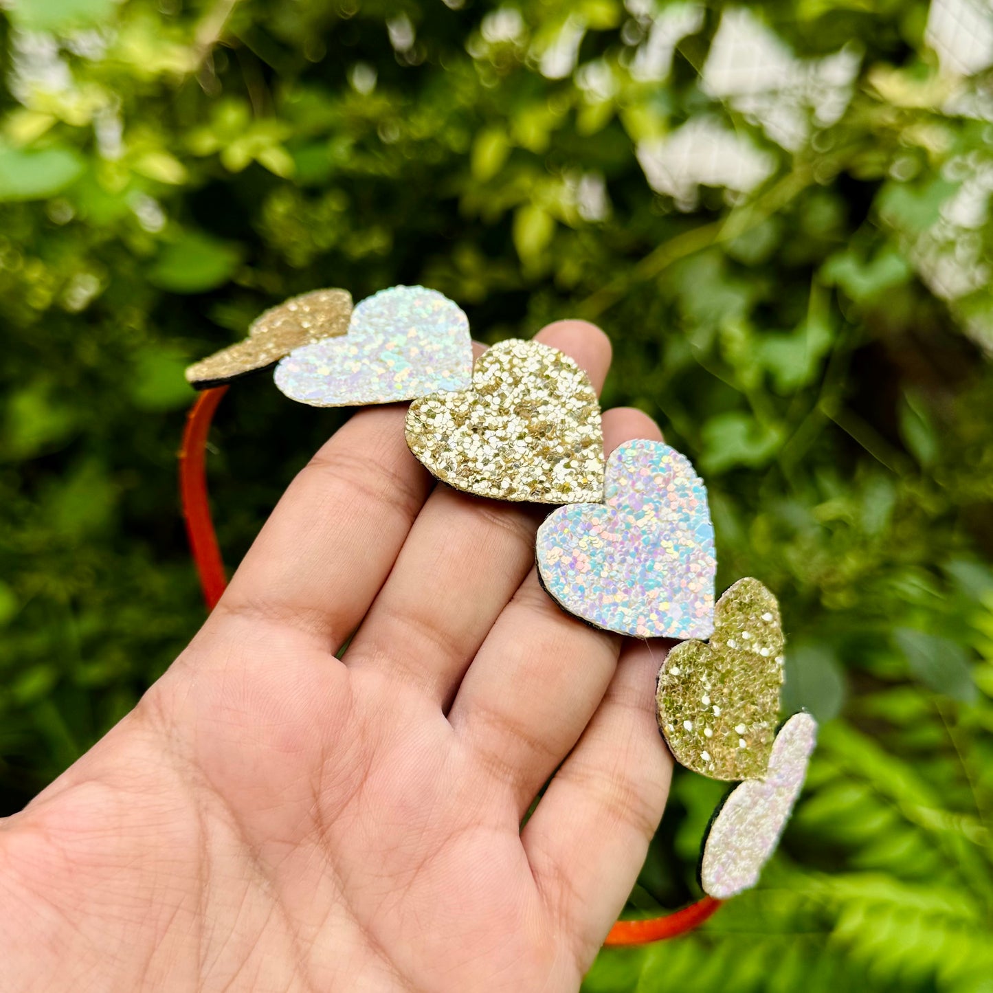 Glitter Heart Parade Orange Headband – Silver & Gold Hearts