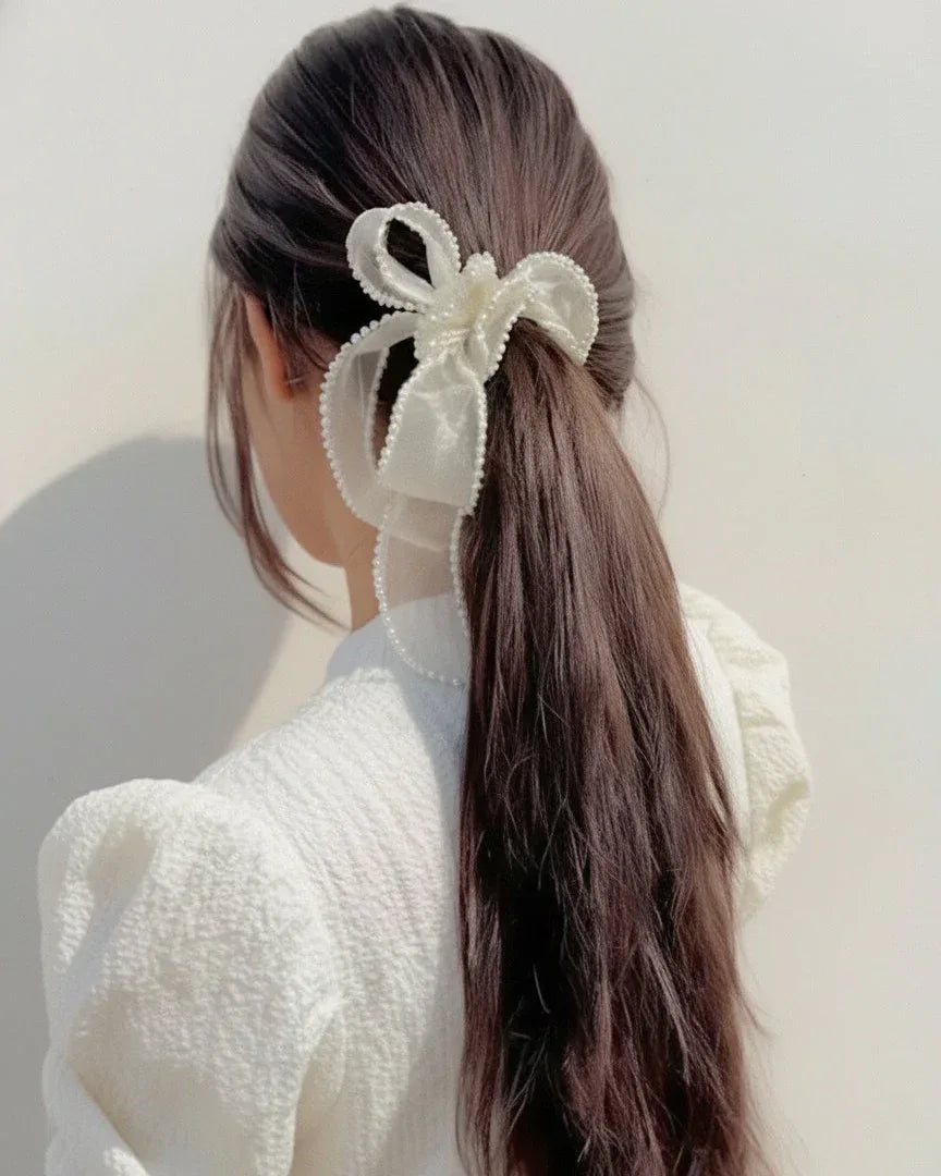Ivory Pearl-Trimmed Bow Scrunchie