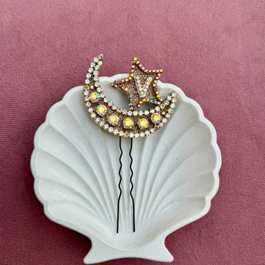 Personalized Crescent Moon & Star Hair Pin with Initial – Sparkling Hair Accessory